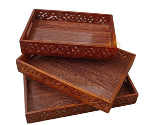 (pack Of 3) Wooden Serving Tray Set With Handles Wood Serving Trays For Tea Coffee Food Platter Household Kitchen Multipurpose Use