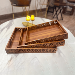 (pack Of 3) Wooden Serving Tray Set With Handles Wood Serving Trays For Tea Coffee Food Platter Household Kitchen Multipurpose Use